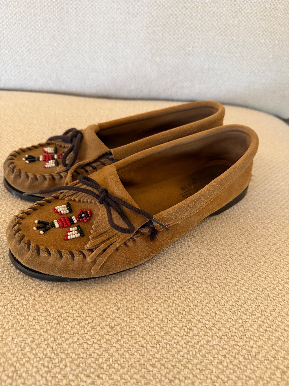 Minnetonka Tan Beaded Suede Moccasin Flats - Picture 3 of 5